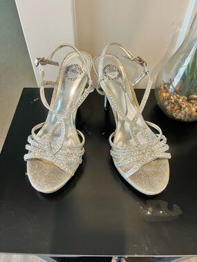 Silver Glitter Strappy High Heel Sandals Sz 6